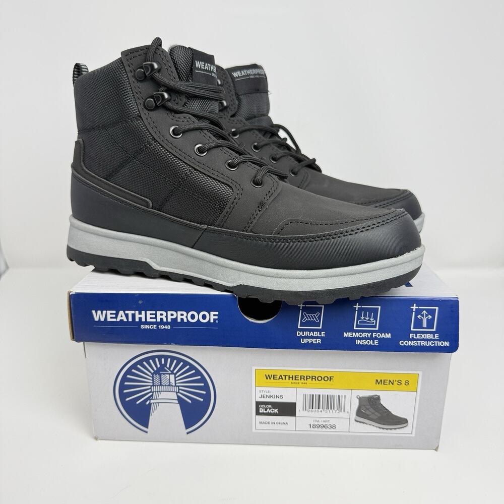 Weatherproof Jenkins Men’s Size 8 Black Hiking Winter Boots Memory Foam New